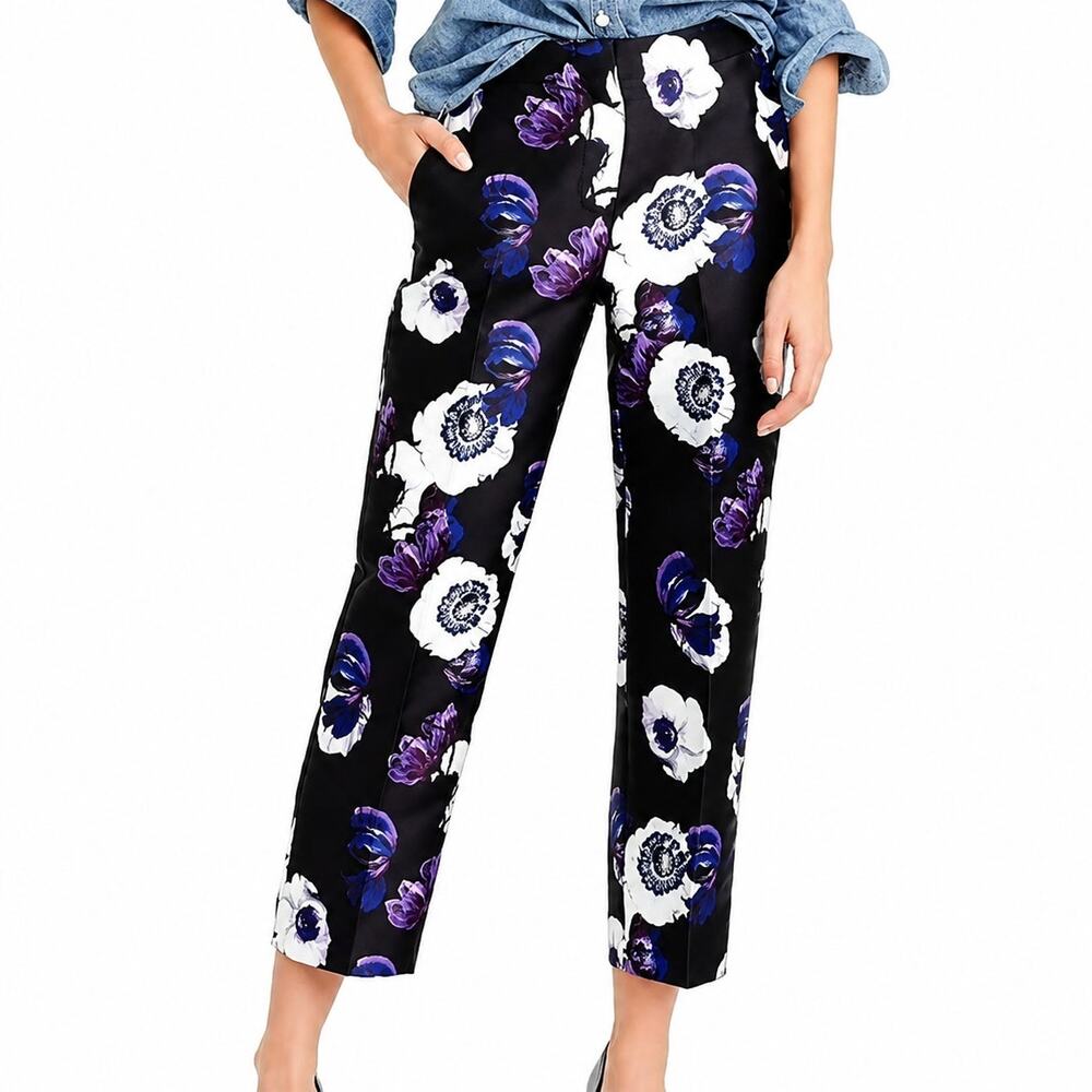 J.Crew Patio Pant Violet Poppy Floral Black Purple Cropped NWOT Womens 6 Ankle
